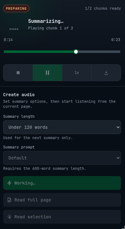 AI web reader browser extension panel showing audio playback and summary options.