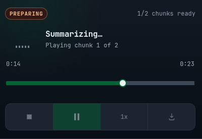 AI web reader audio player showing generated summary playback controls.